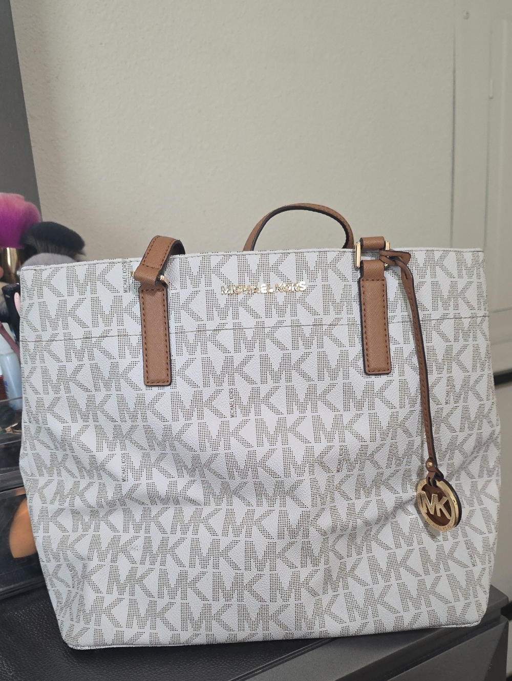 Michael Kors White MK Logo Tote with Brown Trim and Gold Accent